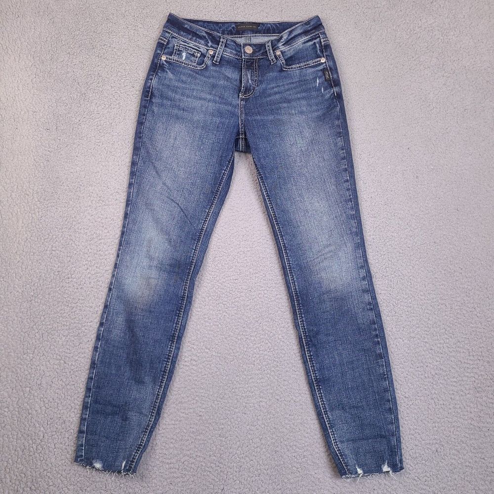Silver Jeans Co Womens Size 29 x 29 Blue Suki Skinny Straight Jeans Raw Hem
